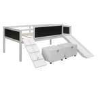Lit mezzanine simple en bois avec garde-corps, deux boîtes de rangement et tableau double face, cadre d'escalade et corde