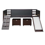 Lit mezzanine simple en bois avec garde-corps, deux boîtes de rangement et tableau double face, cadre d'escalade et corde