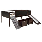 Lit mezzanine simple en bois avec garde-corps, deux boîtes de rangement et tableau double face, cadre d'escalade et corde