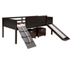 Lit mezzanine simple en bois avec garde-corps, deux boîtes de rangement et tableau double face, cadre d'escalade et corde