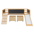 Lit mezzanine simple en bois avec garde-corps, deux boîtes de rangement et tableau double face, cadre d'escalade et corde