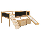 Lit mezzanine simple en bois avec garde-corps, deux boîtes de rangement et tableau double face, cadre d'escalade et corde