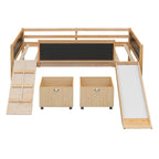 Lit mezzanine simple en bois avec garde-corps, deux boîtes de rangement et tableau double face, cadre d'escalade et corde
