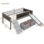 Lit mezzanine simple en bois avec garde-corps, deux boîtes de rangement et tableau double face, cadre d'escalade et corde