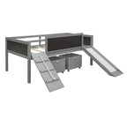 Lit mezzanine simple en bois avec garde-corps, deux boîtes de rangement et tableau double face, cadre d'escalade et corde