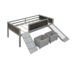 Lit mezzanine simple en bois avec garde-corps, deux boîtes de rangement et tableau double face, cadre d'escalade et corde