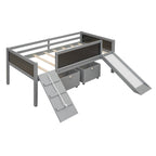 Lit mezzanine simple en bois avec garde-corps, deux boîtes de rangement et tableau double face, cadre d'escalade et corde