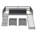 Lit mezzanine simple en bois avec garde-corps, deux boîtes de rangement et tableau double face, cadre d'escalade et corde