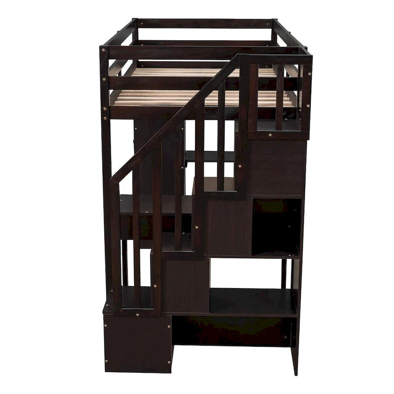 Lit mezzanine simple en bois massif avec bureau, 4 tiroirs, étagères et escalier de rangement