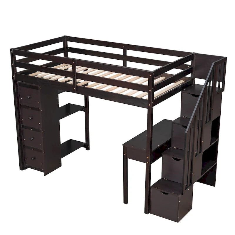 Lit mezzanine simple en bois massif avec bureau, 4 tiroirs, étagères et escalier de rangement