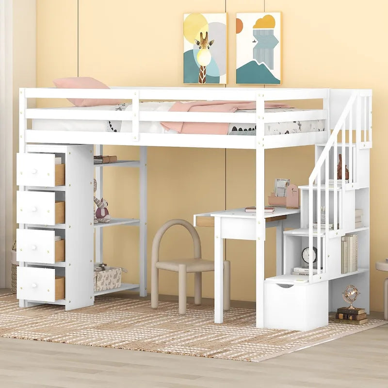 Lit mezzanine simple en bois massif avec bureau, 4 tiroirs, étagères et escalier de rangement