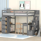Lit mezzanine simple en bois massif avec bureau, 4 tiroirs, étagères et escalier de rangement