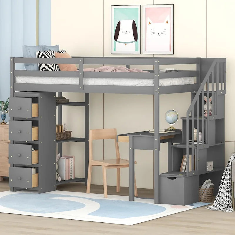 Lit mezzanine simple en bois massif avec bureau, 4 tiroirs, étagères et escalier de rangement