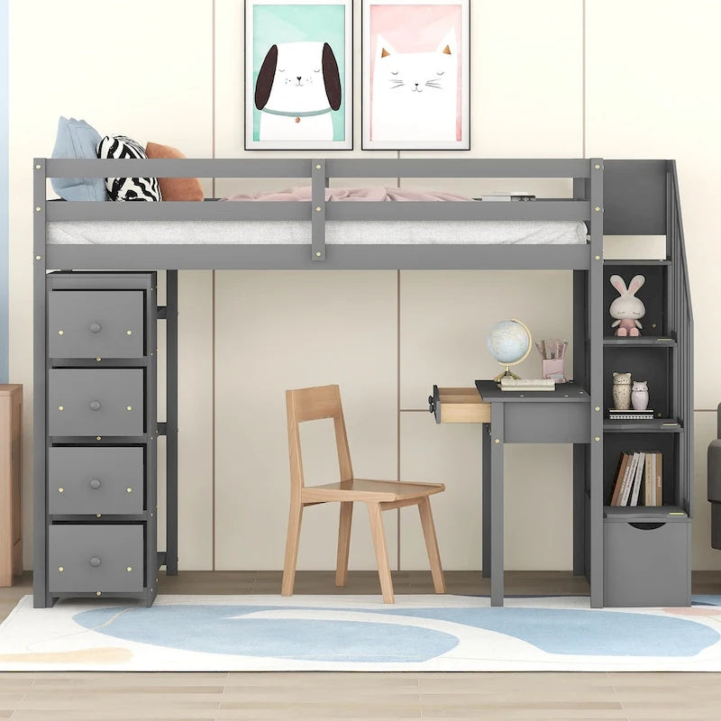 Lit mezzanine simple en bois massif avec bureau, 4 tiroirs, étagères et escalier de rangement