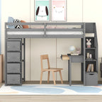 Lit mezzanine simple en bois massif avec bureau, 4 tiroirs, étagères et escalier de rangement