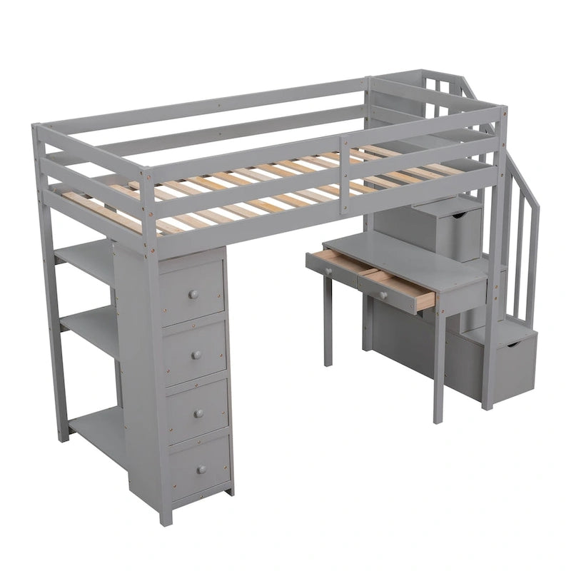 Lit mezzanine simple en bois massif avec bureau, 4 tiroirs, étagères et escalier de rangement