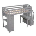 Lit mezzanine simple en bois massif avec bureau, 4 tiroirs, étagères et escalier de rangement