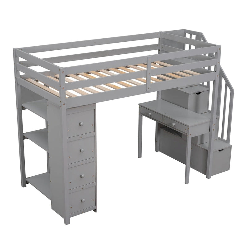 Lit mezzanine simple en bois massif avec bureau, 4 tiroirs, étagères et escalier de rangement