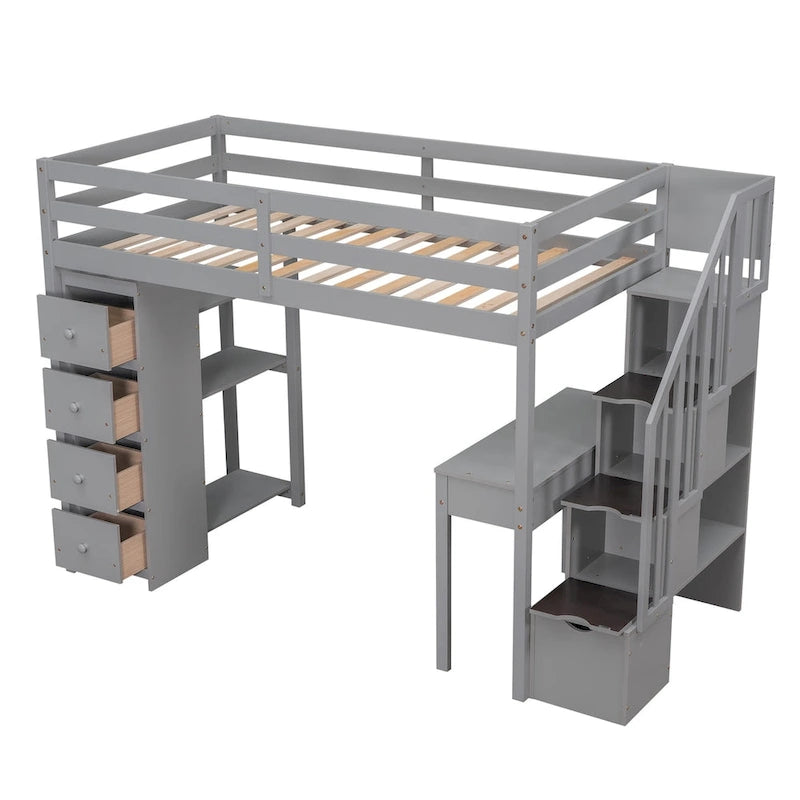 Lit mezzanine simple en bois massif avec bureau, 4 tiroirs, étagères et escalier de rangement