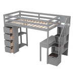 Lit mezzanine simple en bois massif avec bureau, 4 tiroirs, étagères et escalier de rangement
