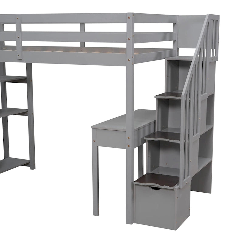 Lit mezzanine simple en bois massif avec bureau, 4 tiroirs, étagères et escalier de rangement