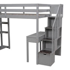 Lit mezzanine simple en bois massif avec bureau, 4 tiroirs, étagères et escalier de rangement