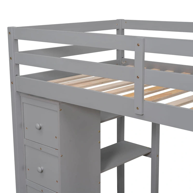 Lit mezzanine simple en bois massif avec bureau, 4 tiroirs, étagères et escalier de rangement