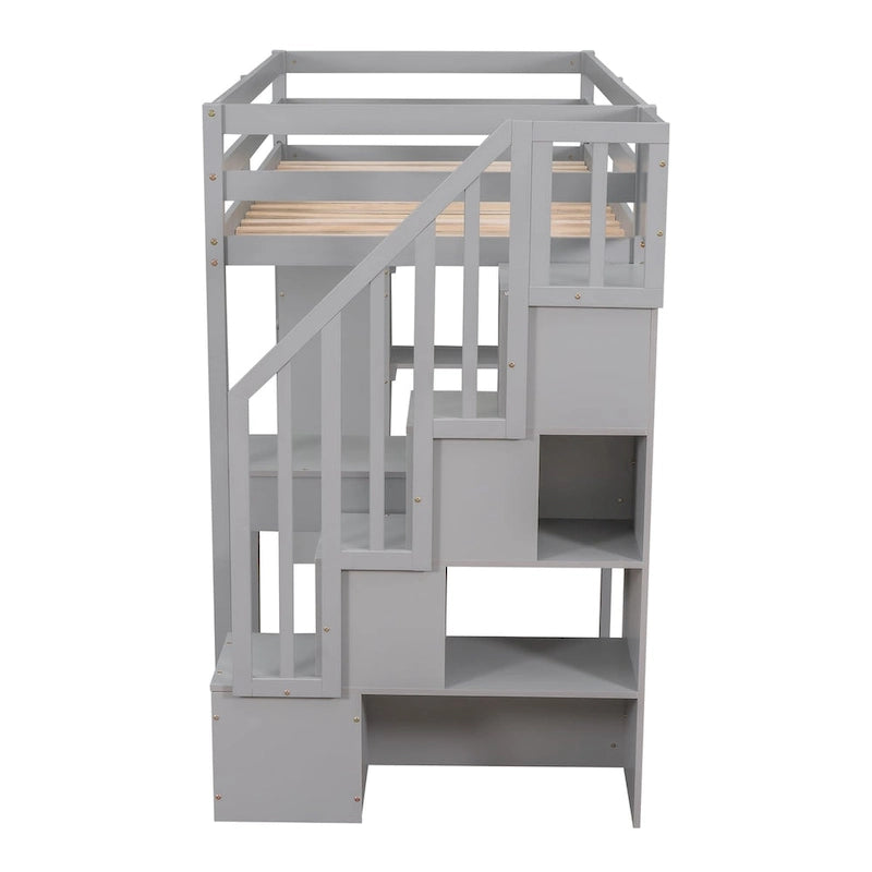 Lit mezzanine simple en bois massif avec bureau, 4 tiroirs, étagères et escalier de rangement