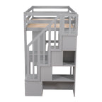Lit mezzanine simple en bois massif avec bureau, 4 tiroirs, étagères et escalier de rangement