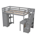 Lit mezzanine simple en bois massif avec bureau, 4 tiroirs, étagères et escalier de rangement