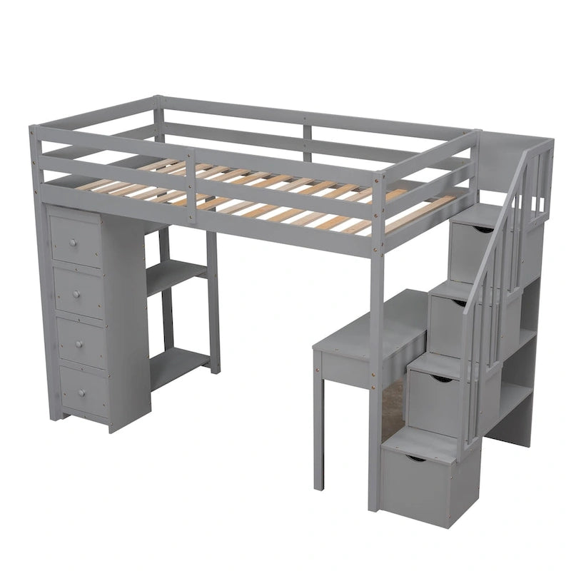 Lit mezzanine simple en bois massif avec bureau, 4 tiroirs, étagères et escalier de rangement
