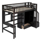 Lit mezzanine double en bois massif avec bureau et armoire intégrés pour des solutions de rangement
