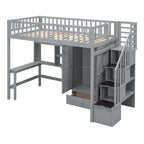Lit mezzanine double en bois massif avec bureau et armoire intégrés pour des solutions de rangement