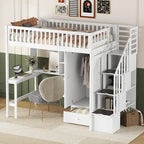Lit mezzanine double en bois massif avec bureau et armoire intégrés pour des solutions de rangement