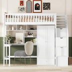 Lit mezzanine double en bois massif avec bureau et armoire intégrés pour des solutions de rangement