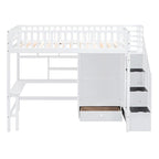 Lit mezzanine double en bois massif avec bureau et armoire intégrés pour des solutions de rangement