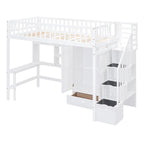 Lit mezzanine double en bois massif avec bureau et armoire intégrés pour des solutions de rangement