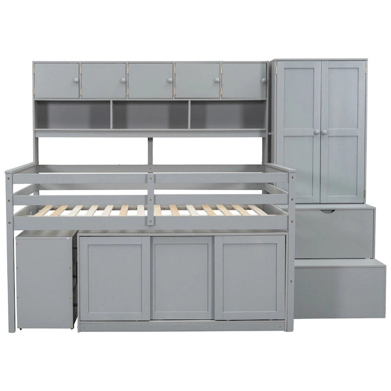Lit mezzanine double en bois avec bureau et tiroirs intégrés
