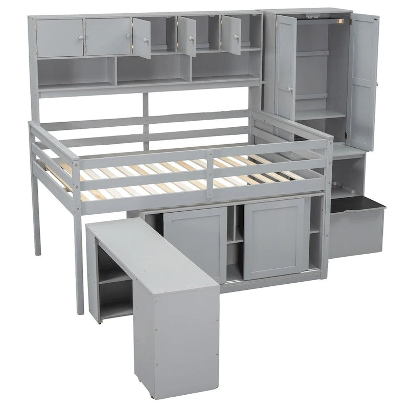 Lit mezzanine double en bois avec bureau et tiroirs intégrés