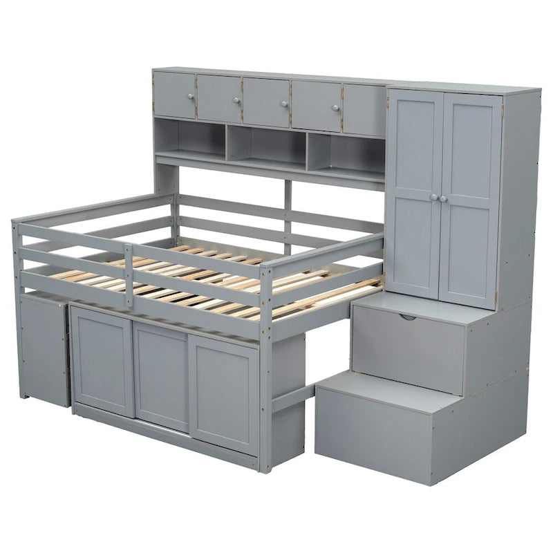 Lit mezzanine double en bois avec bureau et tiroirs intégrés