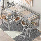 Lit mezzanine en bois en forme de L, double, avec échelle et 2 bureaux intégrés en forme de L