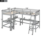 Lit mezzanine en bois en forme de L, double, avec échelle et 2 bureaux intégrés en forme de L