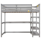 Lit mezzanine en bois massif gris double avec bureau, étagères et garde-corps