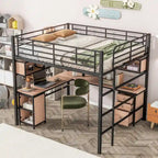 Lit mezzanine en métal avec bibliothèque, bureau et armoire