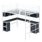 Lit mezzanine en métal avec bibliothèque, bureau et armoire