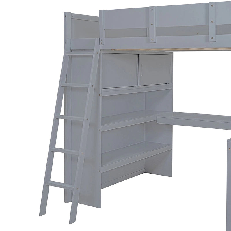 Lit mezzanine double avec bureau et étagère de rangement