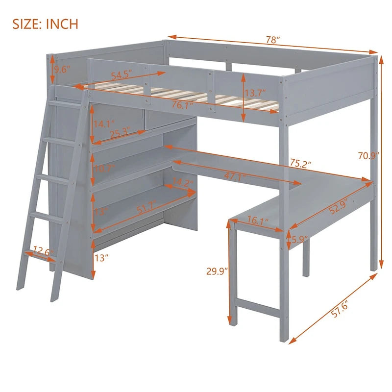 Lit mezzanine double avec bureau et étagère de rangement
