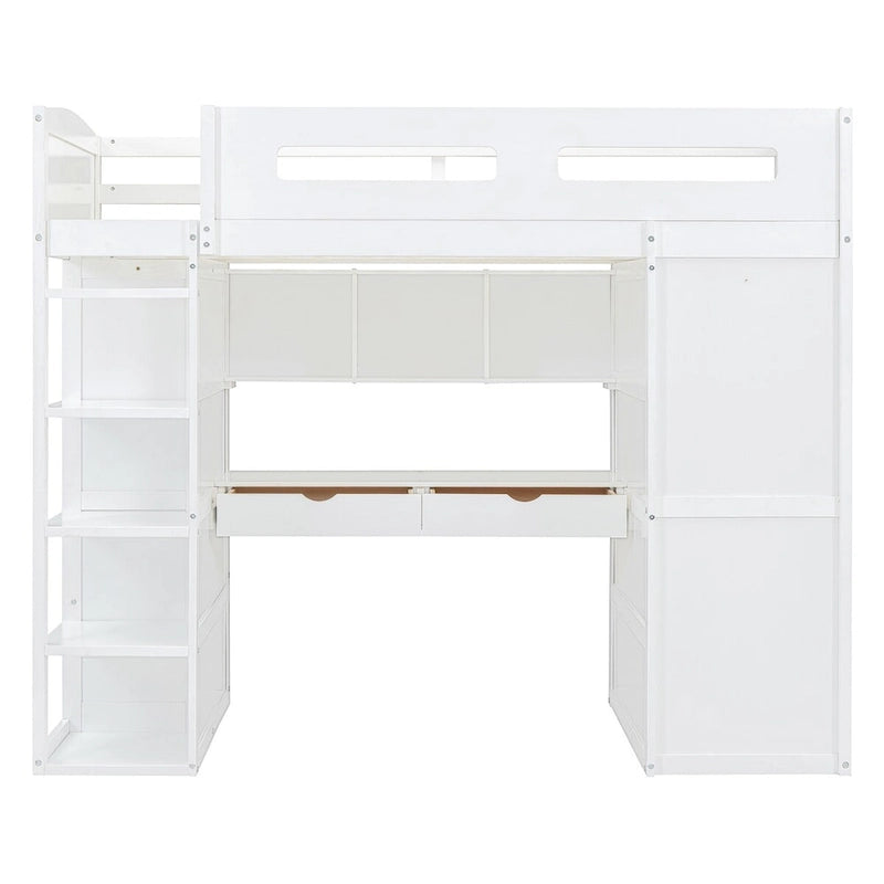 Lit mezzanine avec bureau, armoires, 4 tiroirs et 4 étagères