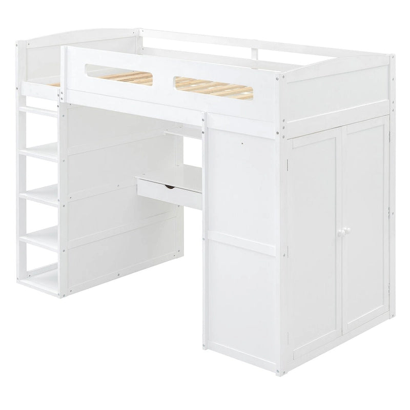 Lit mezzanine avec bureau, armoires, 4 tiroirs et 4 étagères