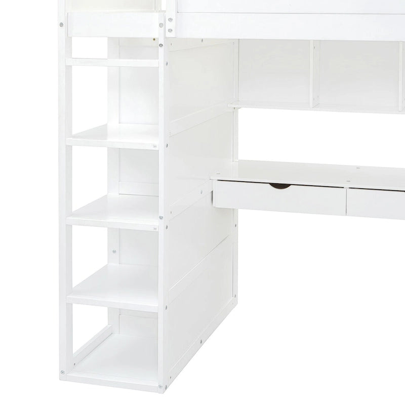 Lit mezzanine avec bureau, armoires, 4 tiroirs et 4 étagères